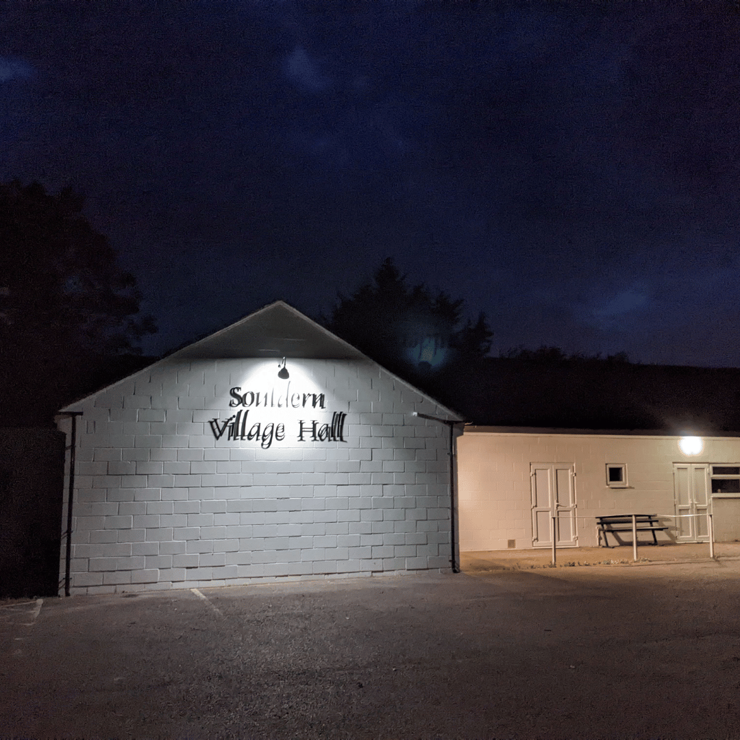Souldern Village Hall exterior at night, viewed from a distance