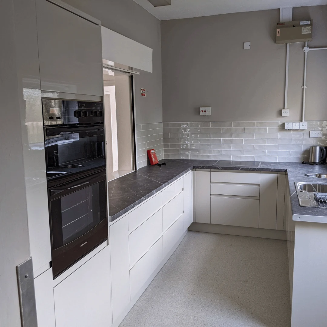 Alternative angle of Souldern Village Hall kitchen showing layout and appliances
