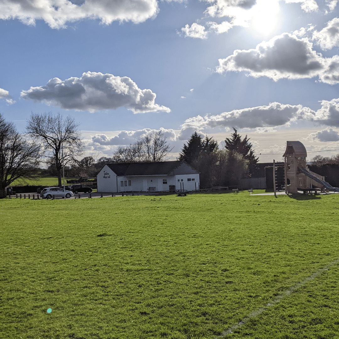 Souldern Village Hall playing fields from a distance